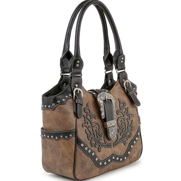3a. Brown and Black Western Style Rhinestone Women's Handbag Purse - Picture 3 of 7